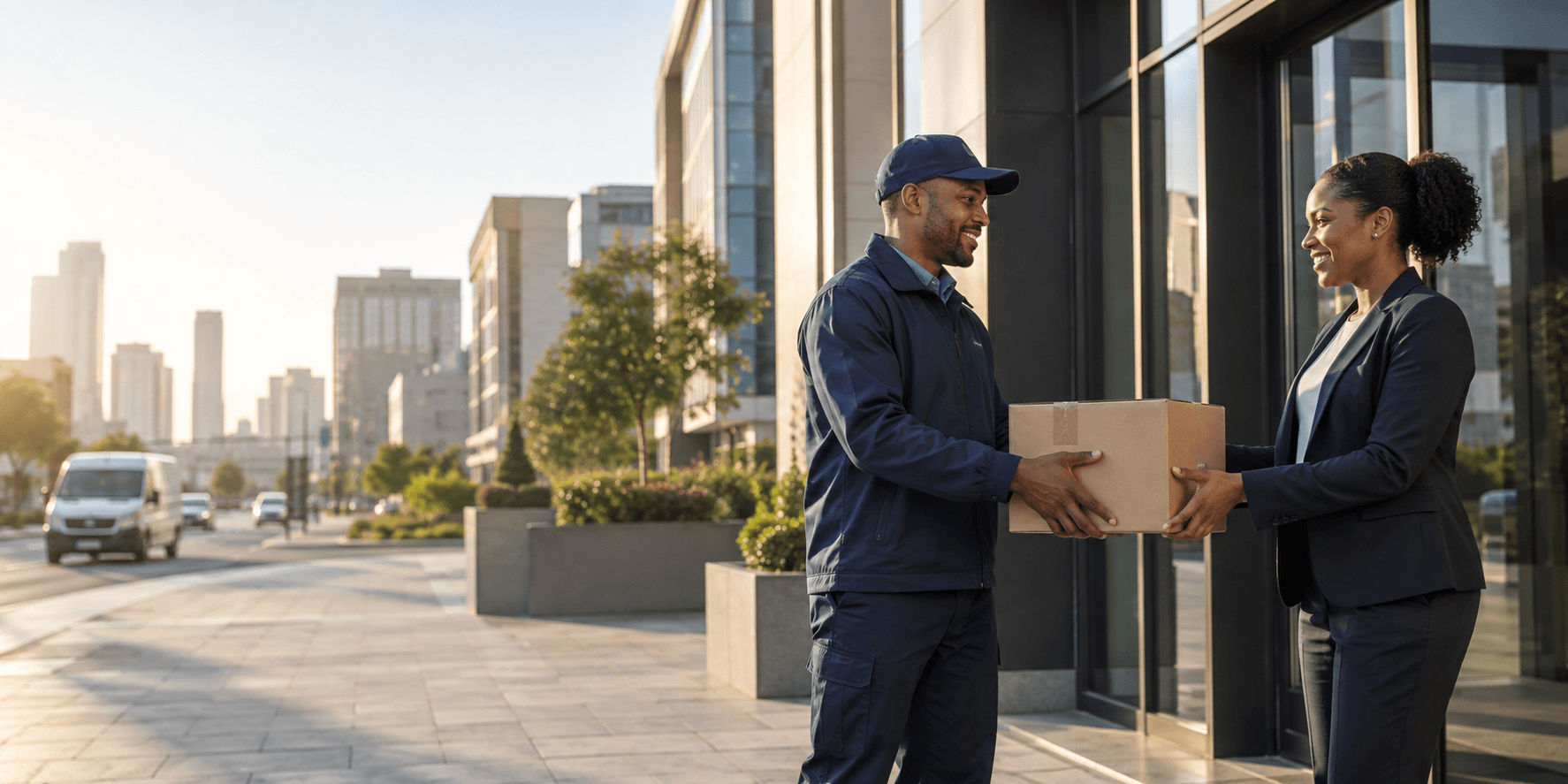 Courier handing a parcel to a business recipient